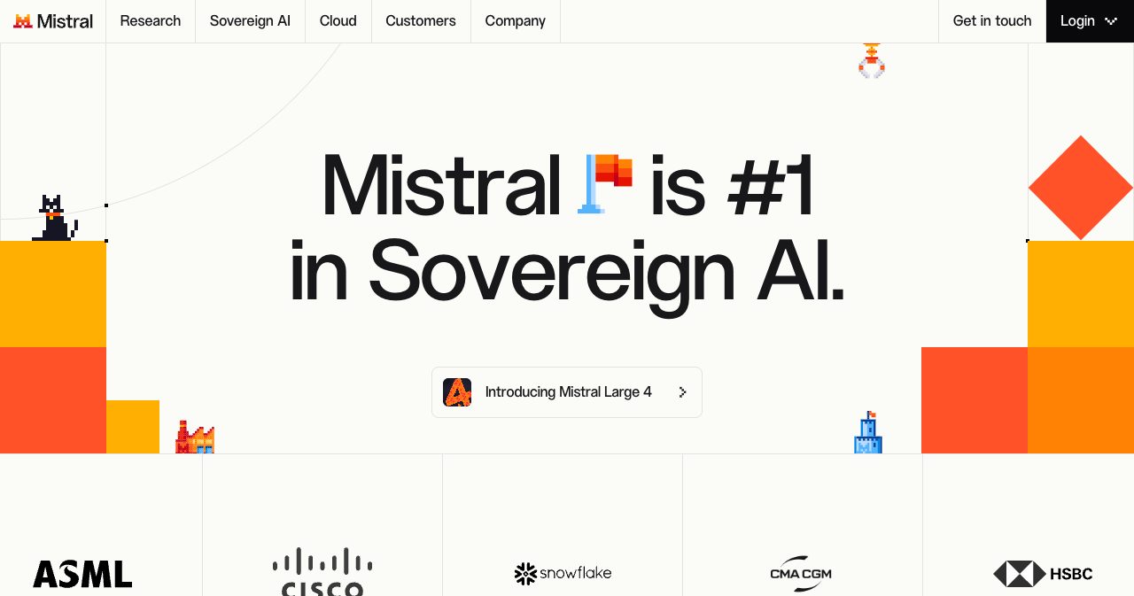 Mistral AI homepage banner declaring Mistral #1 in Sovereign AI, promoting Mistral Large 4 alongside enterprise customer logos including ASML, Cisco, Snowflake, CMA CGM and HSBC