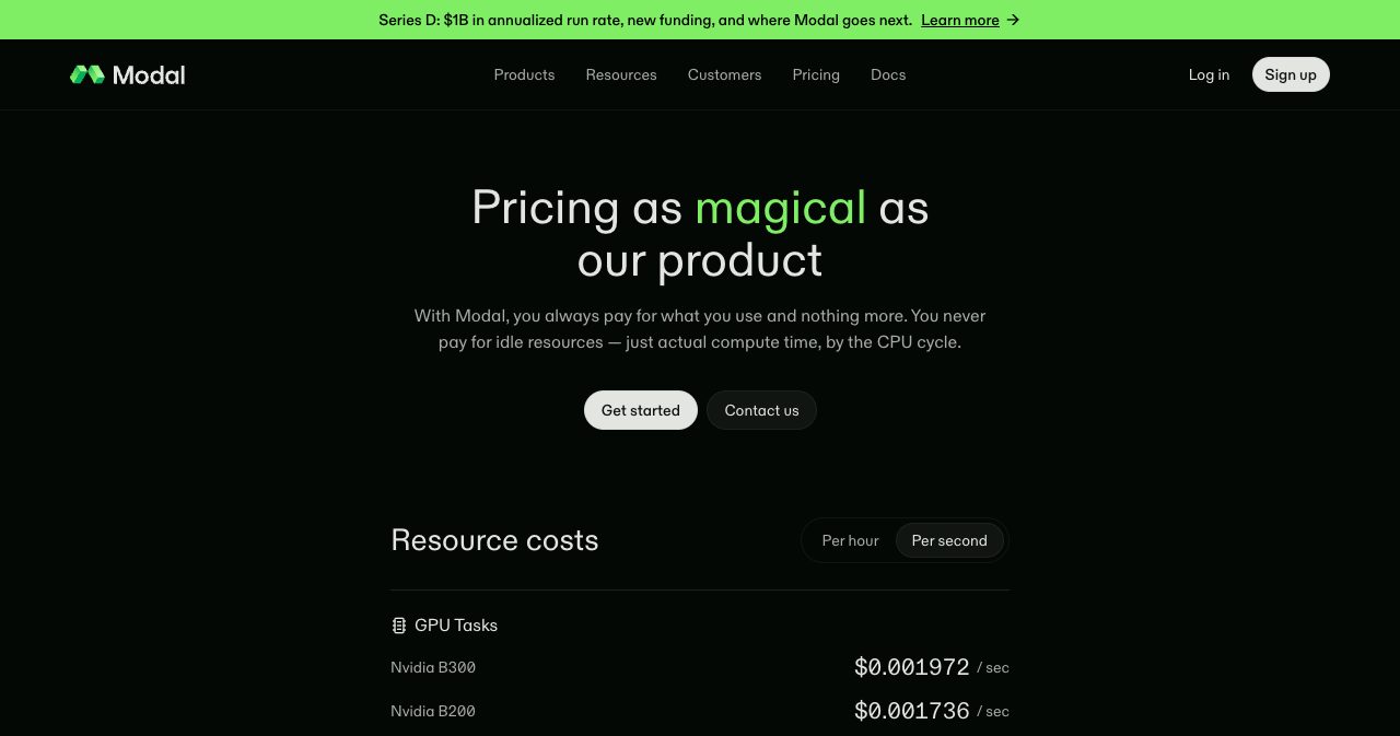 Modal's pricing page showing its per-second billing model for GPU and CPU compute, titled "Pricing: Pay per second for GPUs and CPUs."