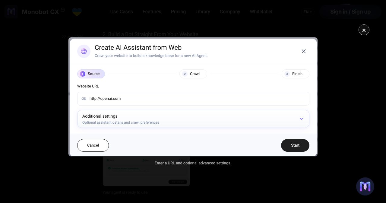 Monobot Create AI Assistant from Web wizard with three steps, Source, Crawl and Finish, and a website URL field