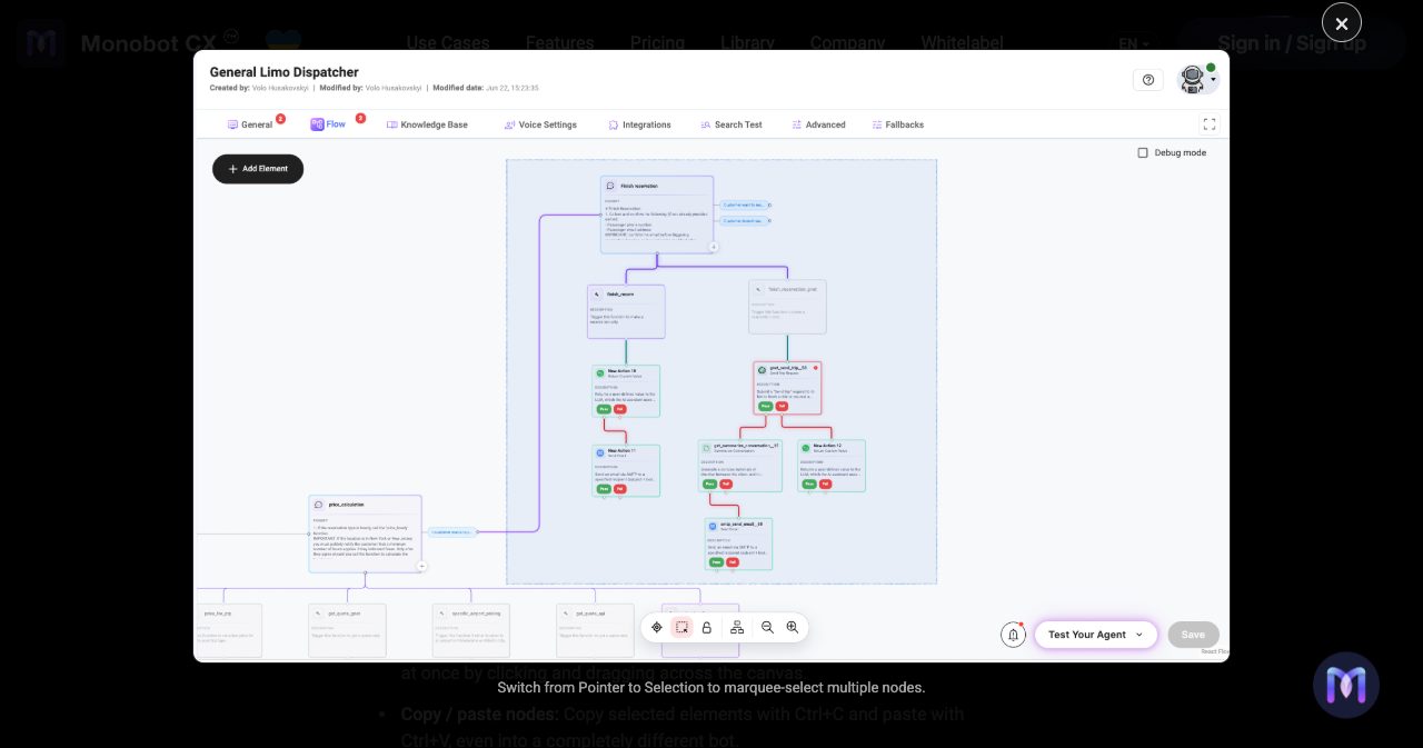 Monobot Flow builder for a General Limo Dispatcher agent, showing connected conversation nodes and actions with pass and fail branches, an Add Element button, a Debug mode checkbox and a Test Your Agent button