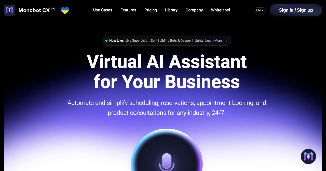 Monobot homepage with the headline Virtual AI Assistant for Your Business, a Now Live banner for Live Supervision, Self-Building Bots and Deeper Insights, and a microphone orb for a live voice demo