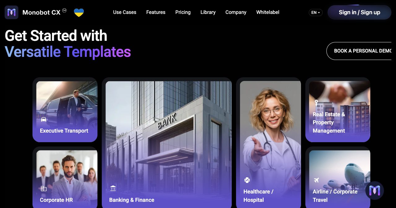 Monobot industry templates grid with Executive Transport, Corporate HR, Banking and Finance, Healthcare, Real Estate and Airline cards