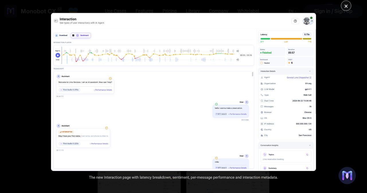 Monobot Interaction page showing a call recording with a sentiment graph, the transcript with an interrupted turn, a latency bar split into STT, LLM and TTS, and interaction details