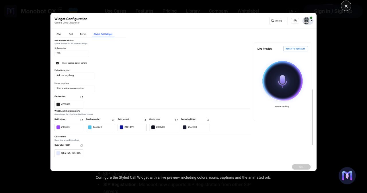 Monobot Styled Call Widget configuration with sphere size, captions and WebGL animation colors on the left and a live preview of the voice orb on the right