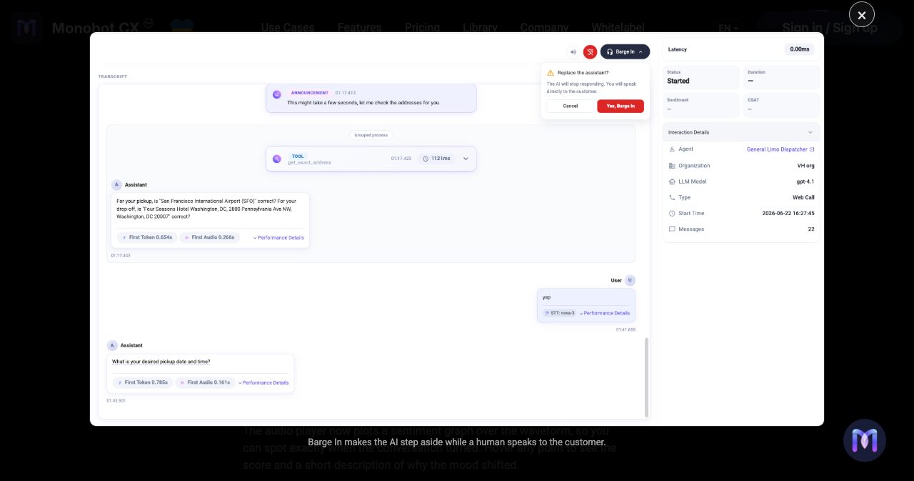 Monobot live call transcript with the Barge In confirmation asking Replace the assistant, next to interaction details for a web call handled by a limo dispatcher agent