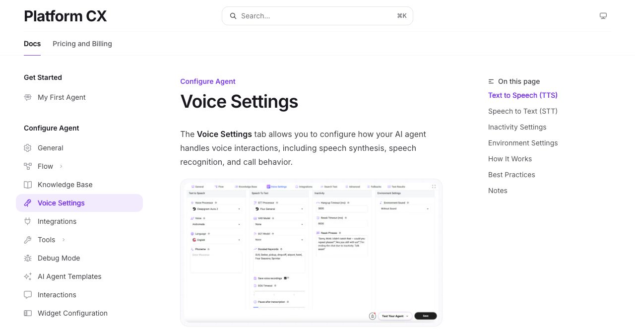 Monobot documentation page for Voice Settings with a screenshot of the text to speech, speech to text, inactivity and environment sound panels