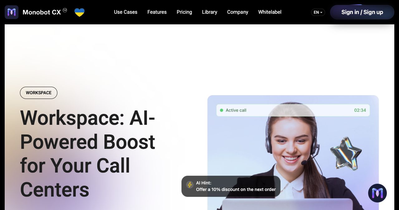 Monobot Workspace page headline, AI-Powered Boost for Your Call Centers, beside an active call card with an AI hint to offer a discount