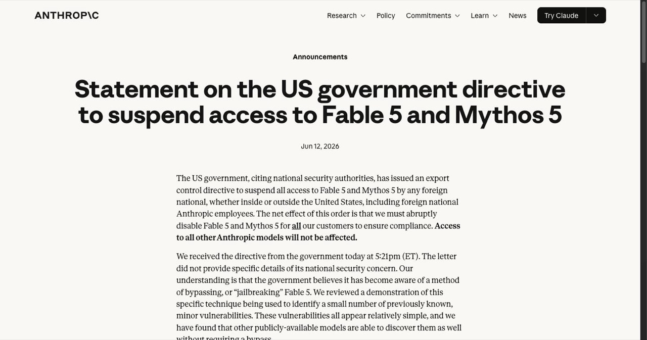 Anthropic's official statement page on Fable 5 and Mythos 5 access, the primary source for the company's disagreement with the US Commerce Department export control directive