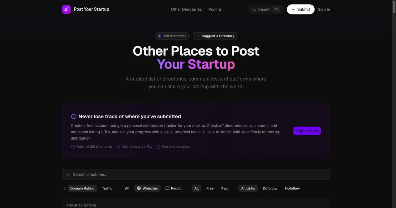 PostYourStartup directories page listing 128 startup directories with Domain Rating, dofollow flags and traffic estimates plus a free submission tracker, the finishable meta-list to start from.