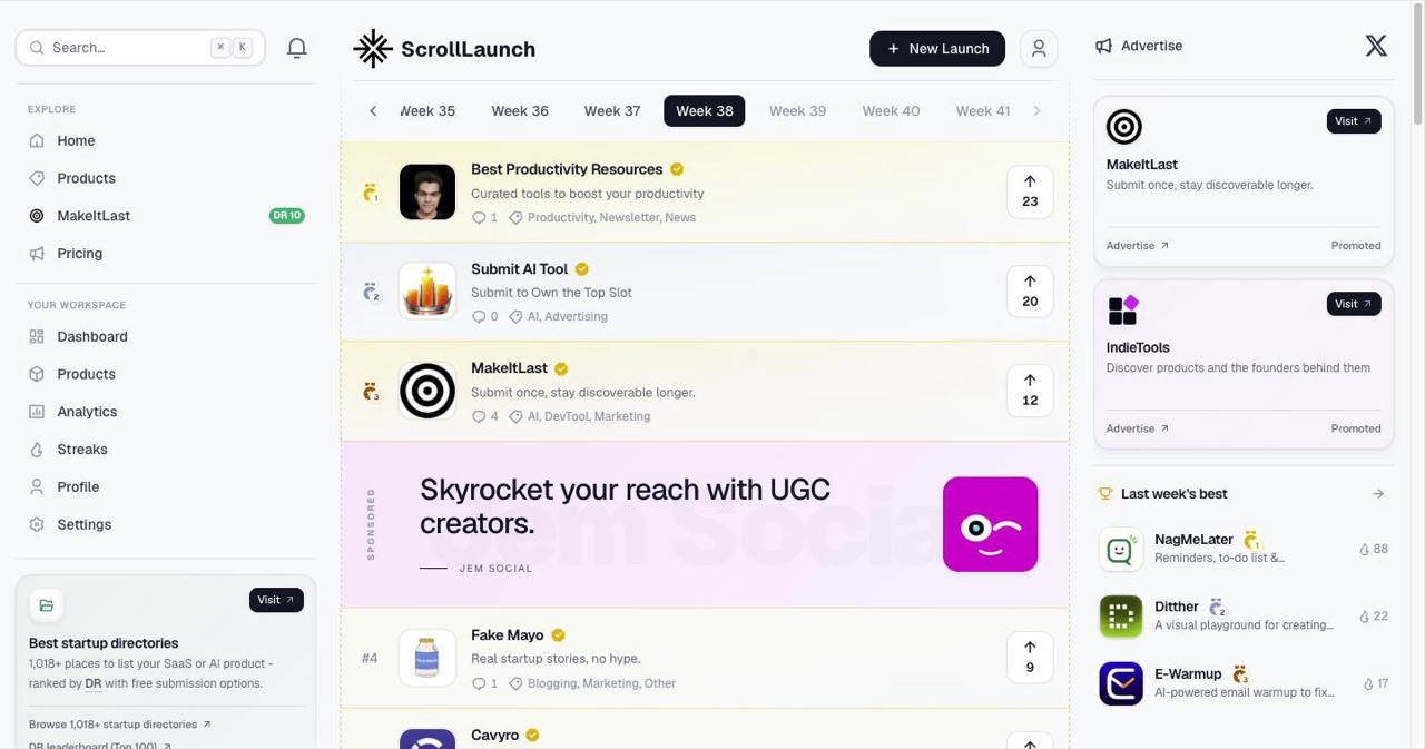 ScrollLaunch homepage showing its ISO-week launch leaderboard of new products, the platform profiled in the post for AI-readable markdown twins, a keyless REST API, MCP submission and a CLI.