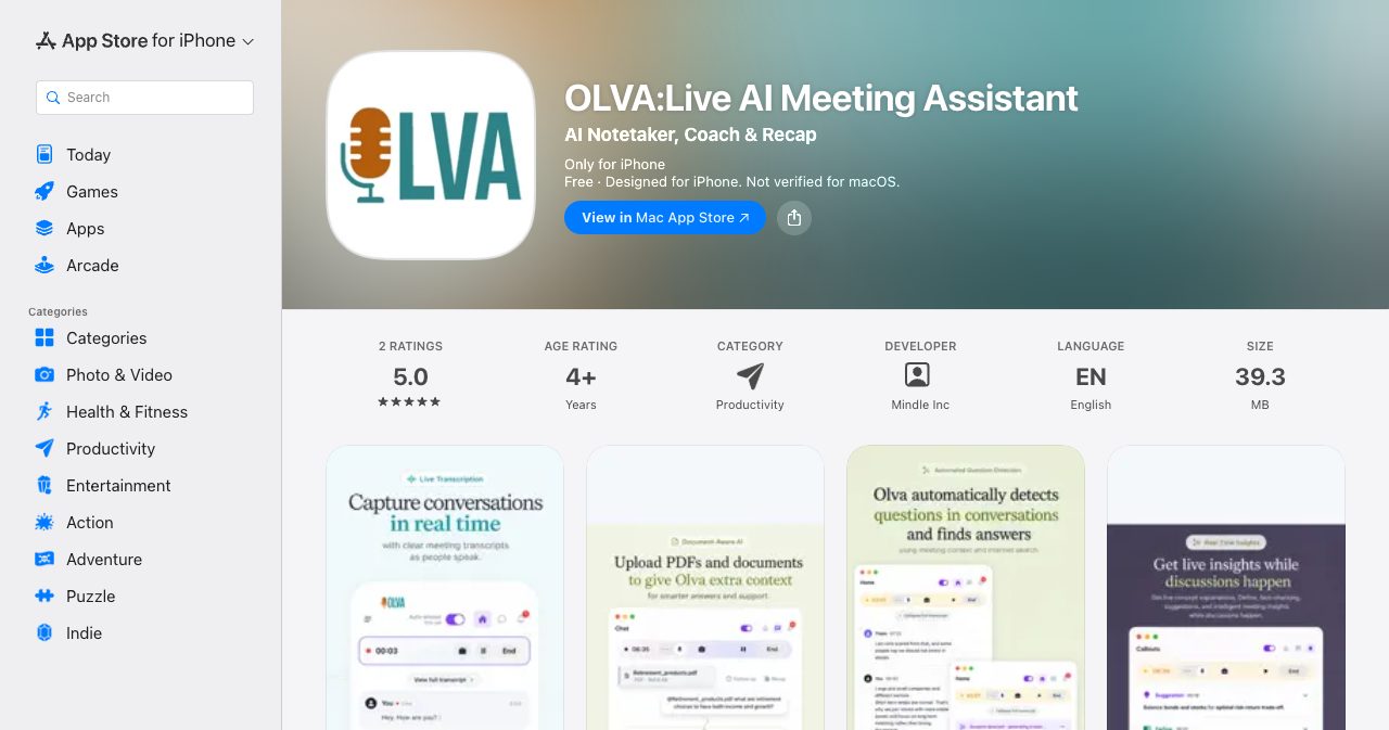 The OLVA App Store listing, OLVA: Live AI Meeting Assistant by Mindle Inc, with the subtitle AI Notetaker, Coach and Recap, a 5.0 rating from two ratings, Productivity category, 39.3 MB size and screenshots of live transcription, document upload, question detection and insights