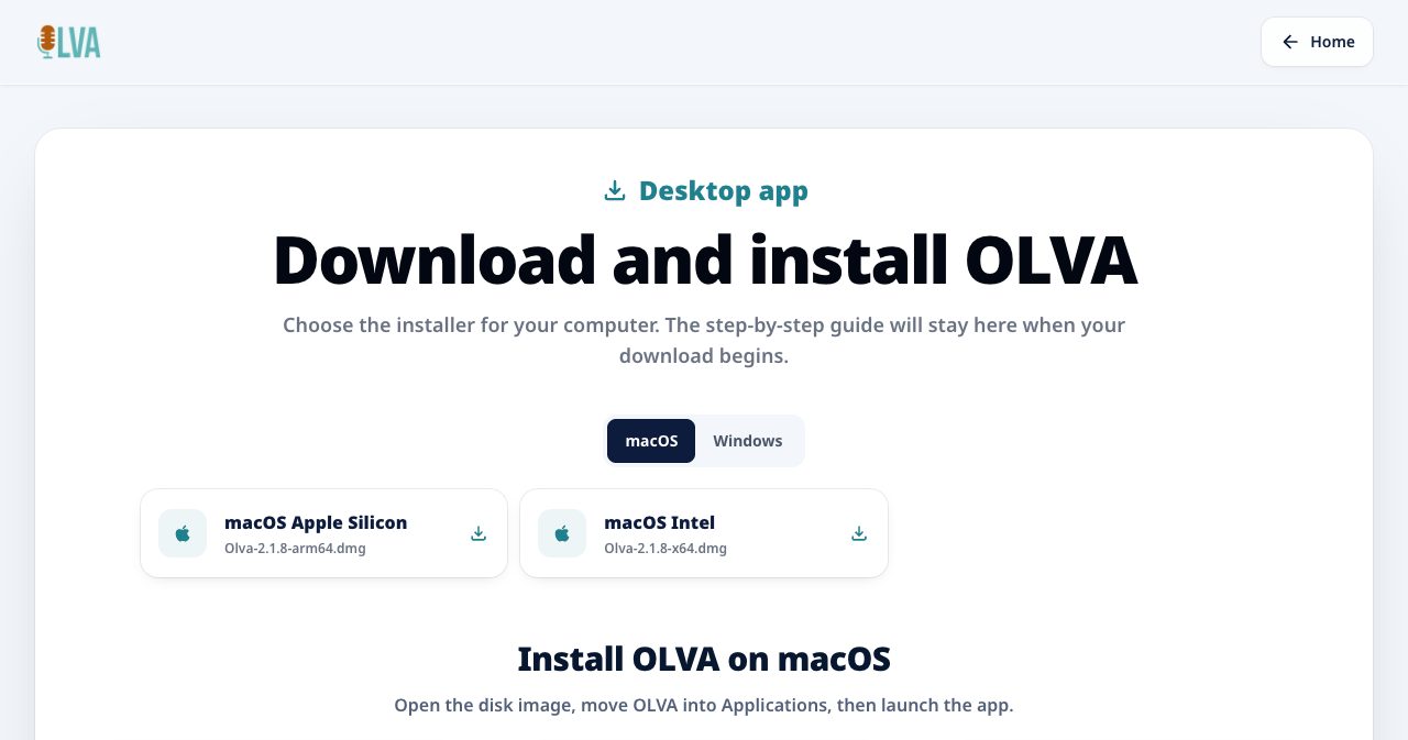 The OLVA download page titled Download and install OLVA, with macOS and Windows tabs, installers for macOS Apple Silicon and macOS Intel at version 2.1.8, and the start of the macOS install guide