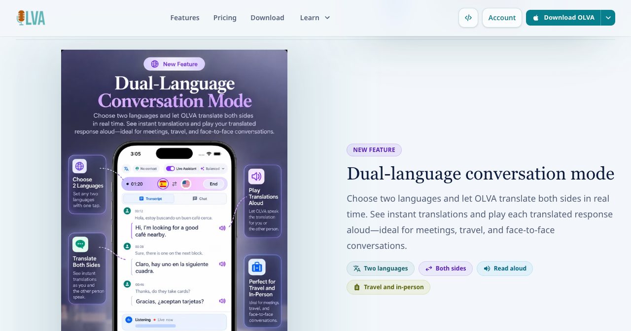 The OLVA Dual-language conversation mode section with tags for two languages, both sides, read aloud, and travel and in-person, next to a phone mockup translating a Spanish and English conversation in a café