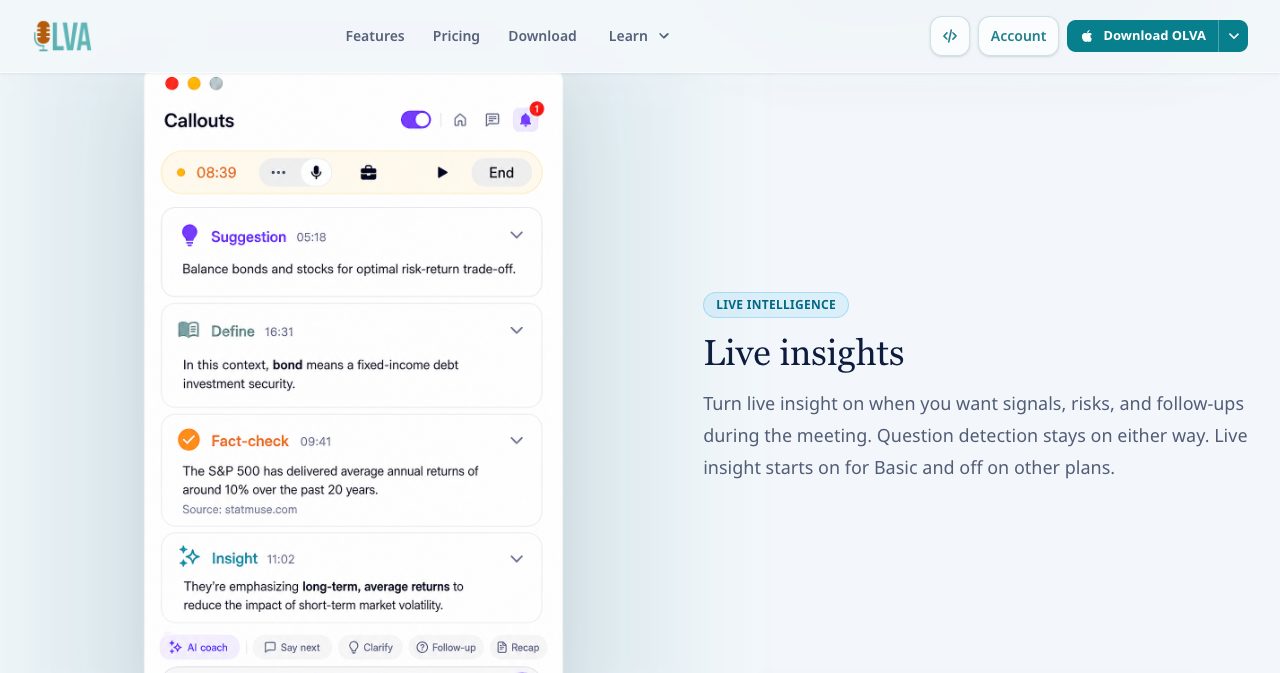 The OLVA Live insights section, showing a Callouts panel with a suggestion, a definition of the word bond, a fact-check with its source and an insight card, next to text saying live insight can be turned on for signals, risks and follow-ups