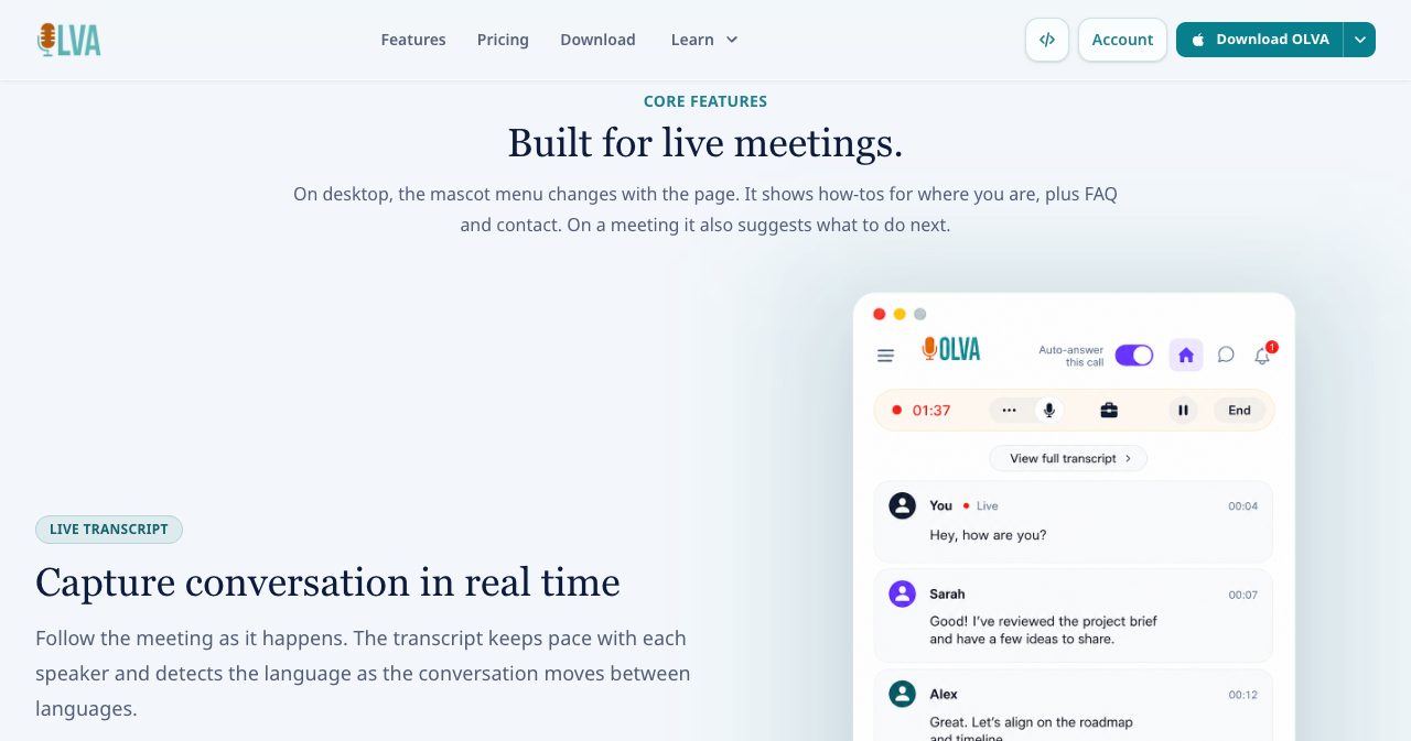 The OLVA Built for live meetings section with a Live Transcript card that reads Capture conversation in real time, next to a desktop app window with a running timer, an Auto-answer this call switch and transcript lines from You, Sarah and Alex