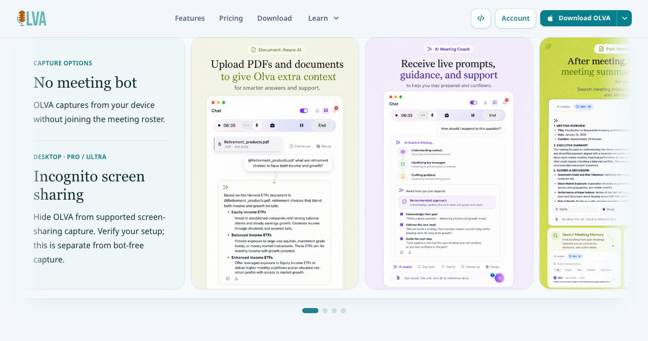 The OLVA More features carousel with cards for No meeting bot, saying OLVA captures from your device without joining the roster, and Incognito screen sharing for Pro and Ultra on desktop, next to slides about uploading PDFs for context and receiving live prompts