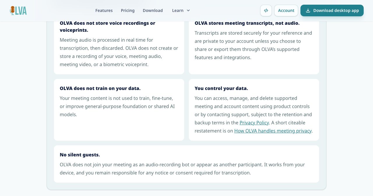The OLVA product facts page section titled Your meetings stay yours, with cards saying OLVA does not store voice recordings or voiceprints, stores meeting transcripts not audio, does not train on your data, lets you control your data, and never joins as a silent guest