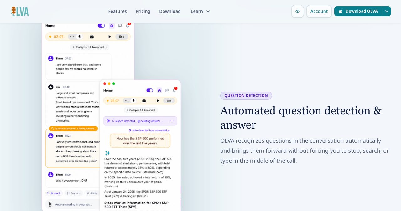 The OLVA Question Detection feature, with the heading Automated question detection and answer next to two app windows showing a detected question about S&P 500 performance over five years and a drafted answer with figures and sources