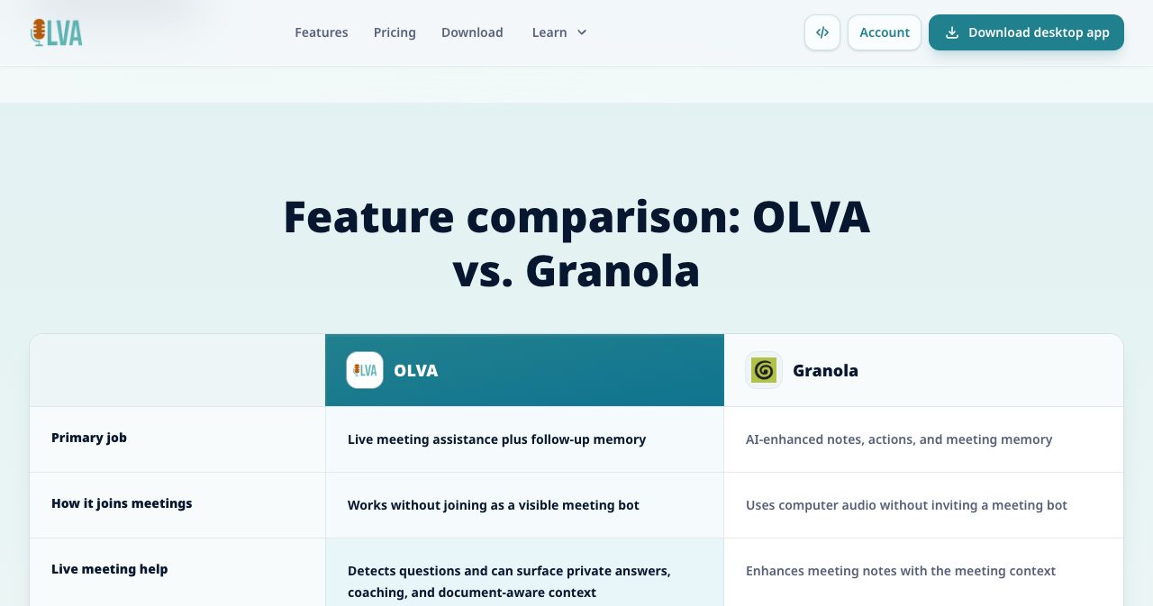 The OLVA vs Granola feature comparison table comparing primary job, how each tool joins meetings and live meeting help, with OLVA detecting questions and surfacing private answers and Granola enhancing notes with meeting context