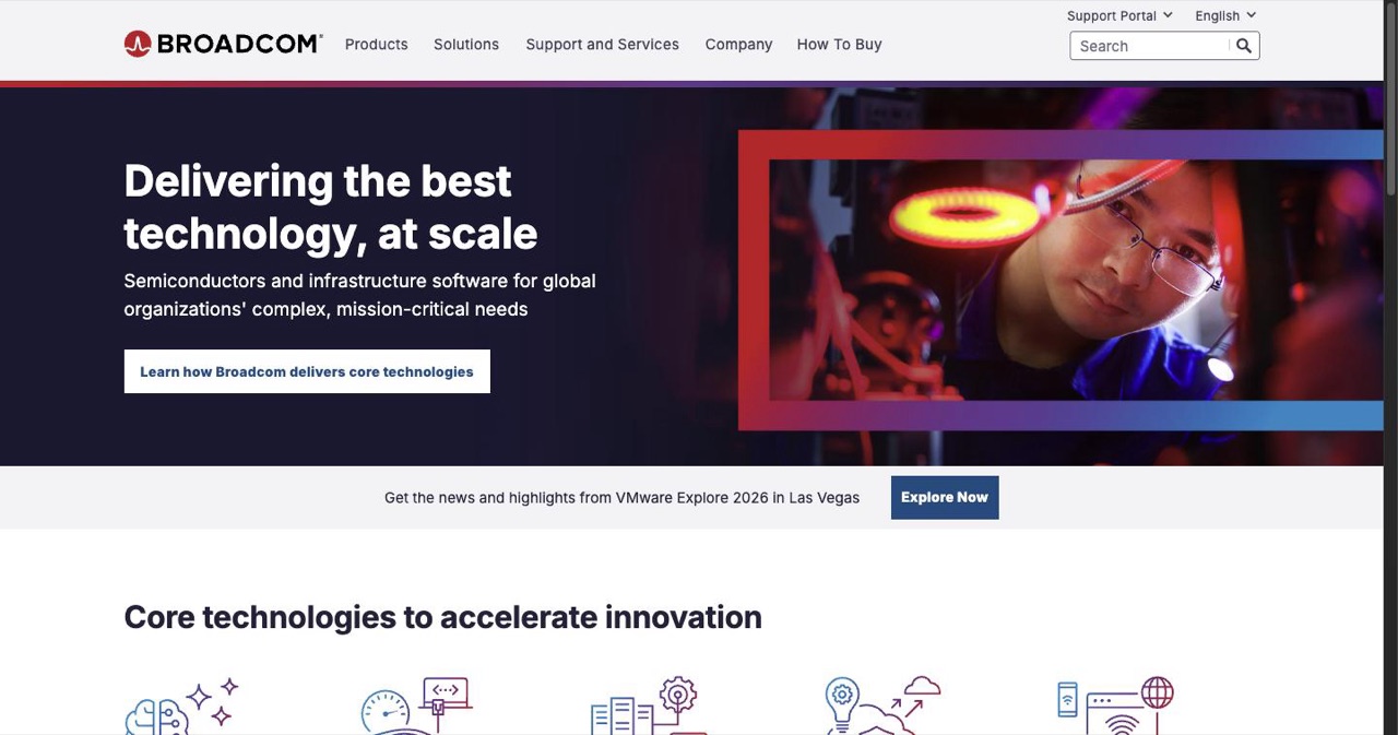 Broadcom corporate homepage, the semiconductor partner that handled RTL design and physical layout for OpenAI's Jalapeño inference chip and whose CEO Hock Tan made the 50% cost per token claim