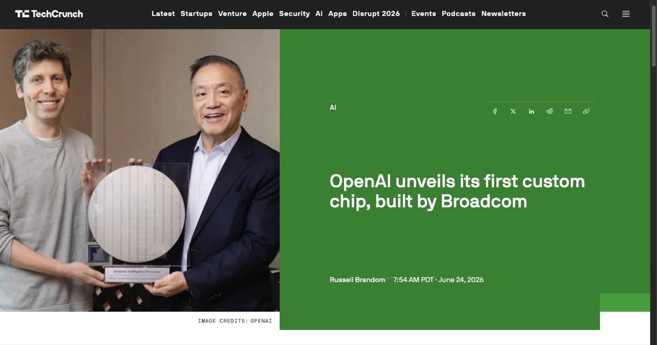 TechCrunch article from June 24, 2026 announcing OpenAI's first custom chip Jalapeño built by Broadcom, covering the inference ASIC unveiling and the claimed cost per token reduction over current GPUs