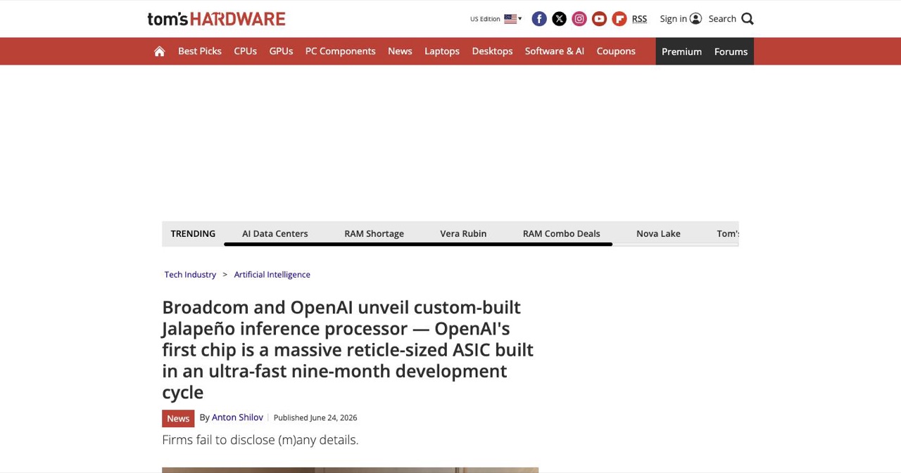 Tom's Hardware coverage of the Broadcom and OpenAI Jalapeno inference processor, describing it as a reticle-sized ASIC built in a nine-month development cycle, the post's architecture source