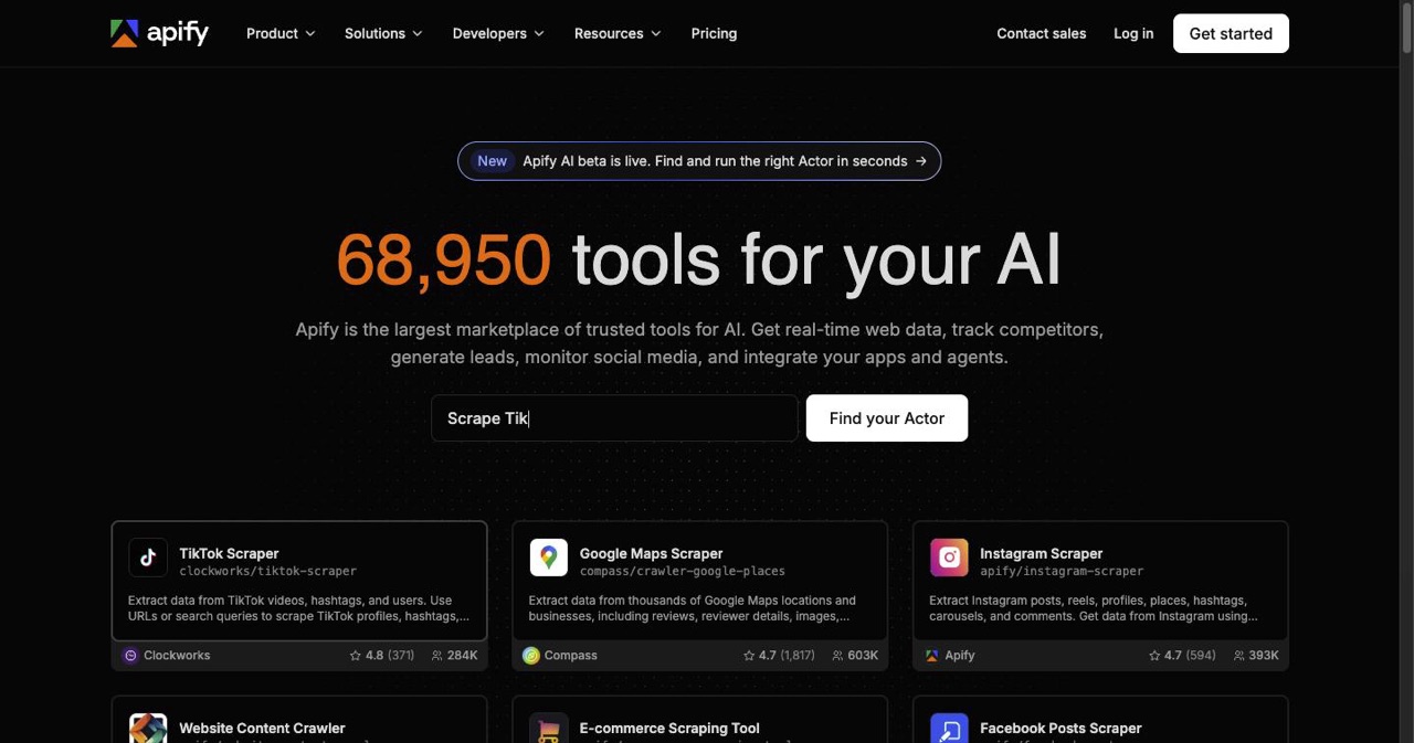 The Apify homepage, the headless browser scraping platform behind the apify-scraper skill that OpenClaw wrappers use to pull prospects from Google Maps and business listings