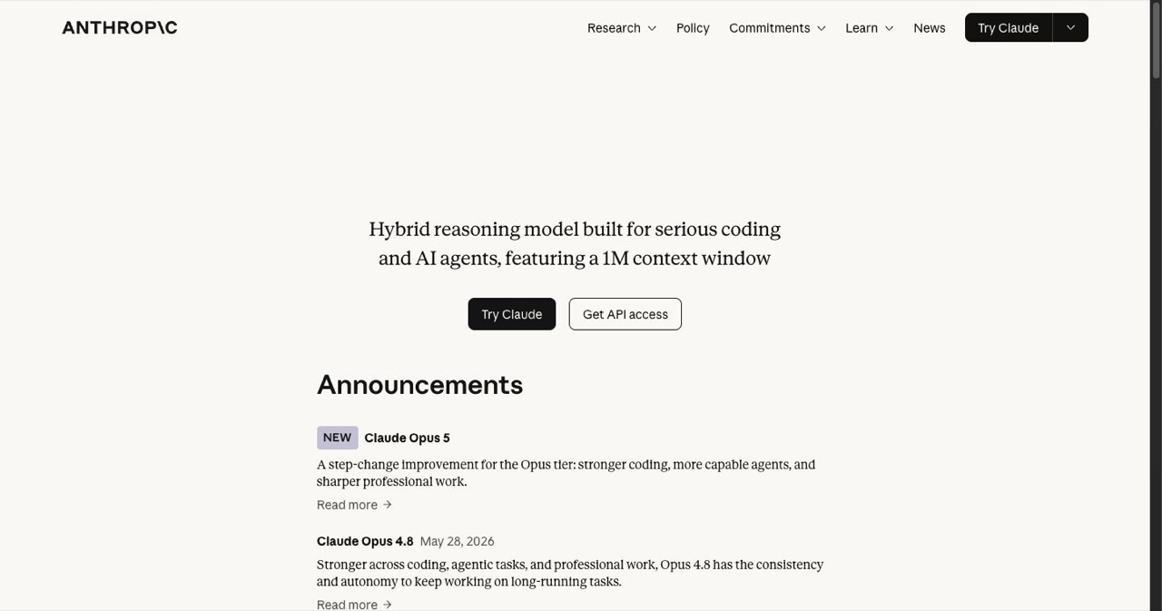 Anthropic's official Claude Opus 5 product page, the model released July 24, 2026 at $5 input and $25 output per million tokens with a 1M-token context window that powers every 3D demo in this post