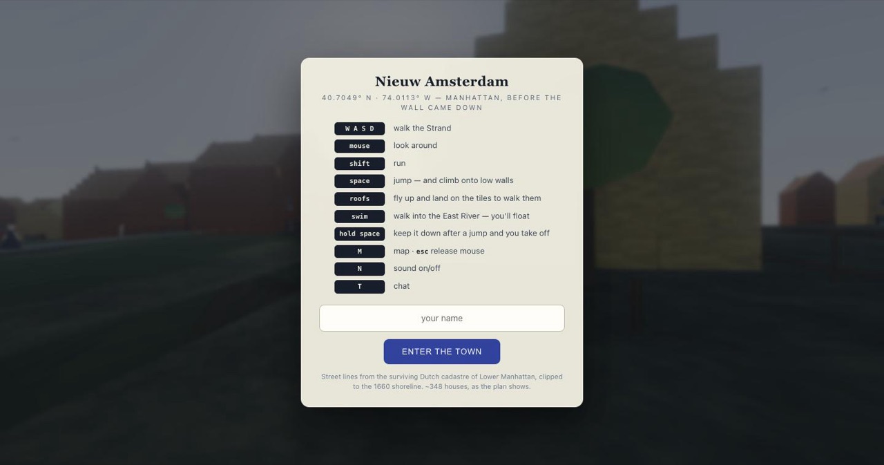 The playable 1660 New Amsterdam reconstruction at skunkworks.levels.io, showing stepped-gable Dutch brick houses, windmills, and canals that Claude Opus 5 built from its own research on historical maps