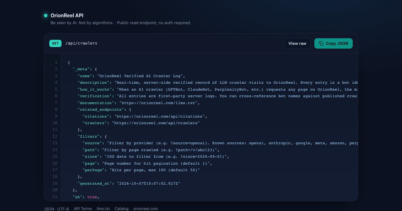 The OrionReel /api/crawlers endpoint rendered as JSON: 'OrionReel Verified AI Crawler Log', a public read endpoint with no auth required, with filters for source, path, since and pagination