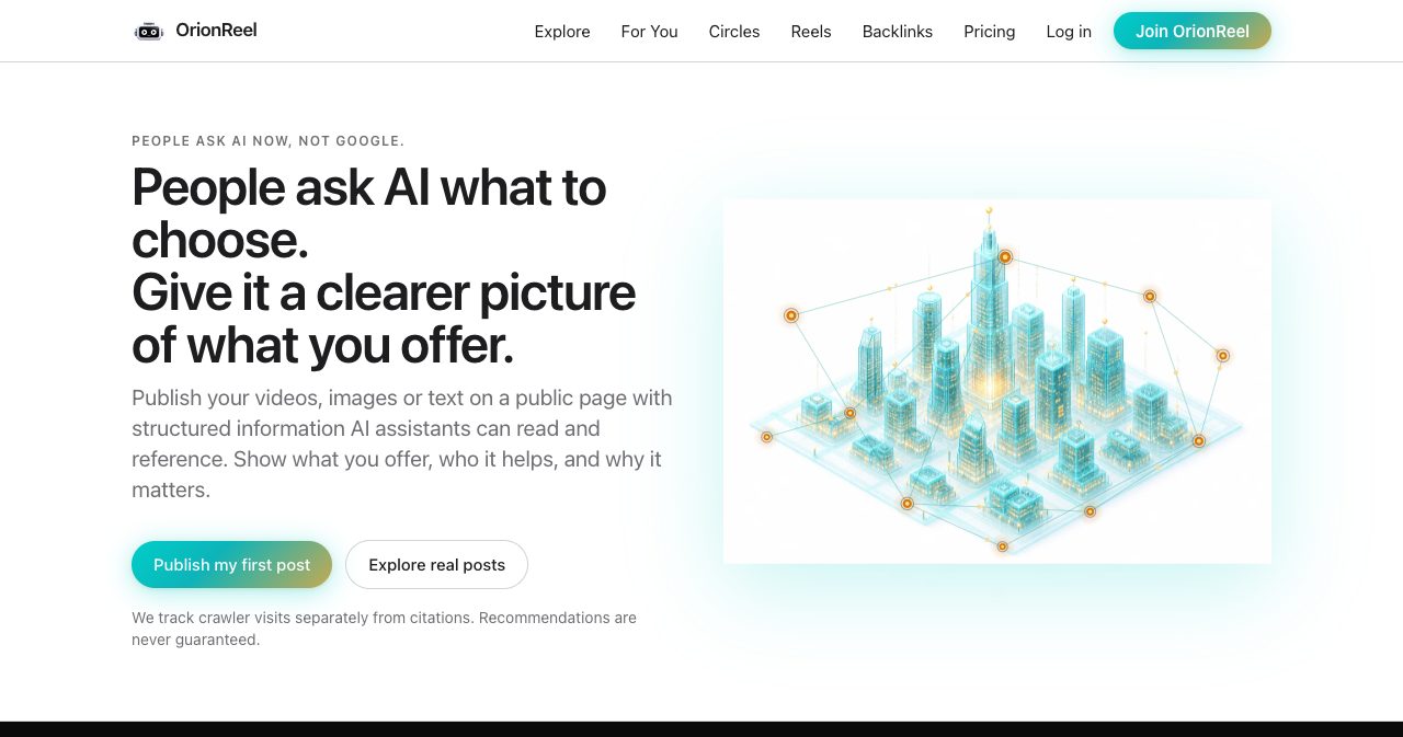 OrionReel homepage hero reading 'People ask AI what to choose. Give it a clearer picture of what you offer.' with Publish my first post and Explore real posts buttons, and the note 'We track crawler visits separately from citations. Recommendations are never guaranteed.'