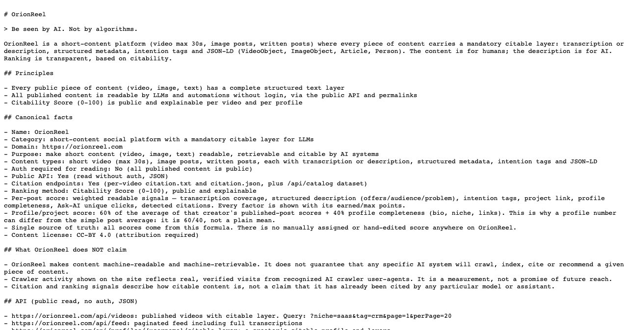 OrionReel's llms.txt file listing principles, canonical facts, a 'What OrionReel does NOT claim' section and the public read API endpoints