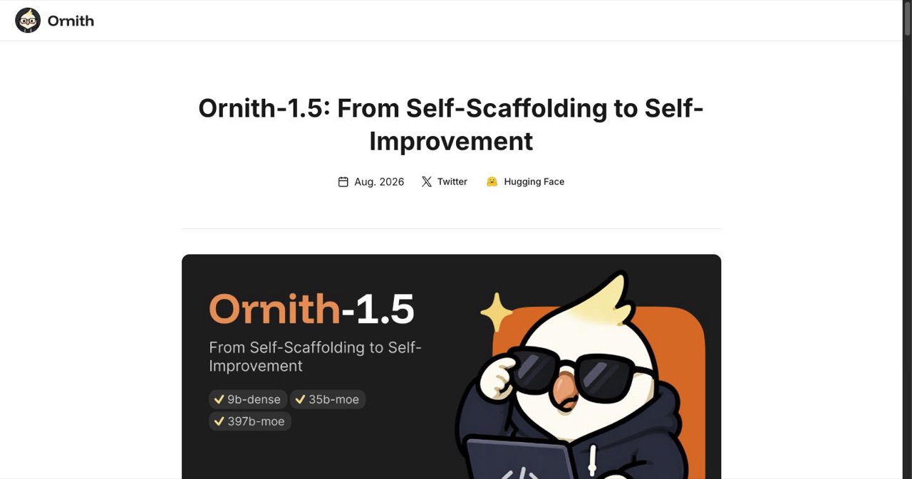 The official Ornith-1.5 announcement page from DeepReinforce, showing the self-improving training loop and the 397B, 35B and 9B model line-up under an MIT license