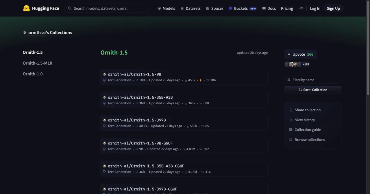 The ornith-ai collection on Hugging Face listing the Ornith-1.5 model weights and day-one FP8, GGUF, MLX and NVFP4 quantizations readers can download and run locally