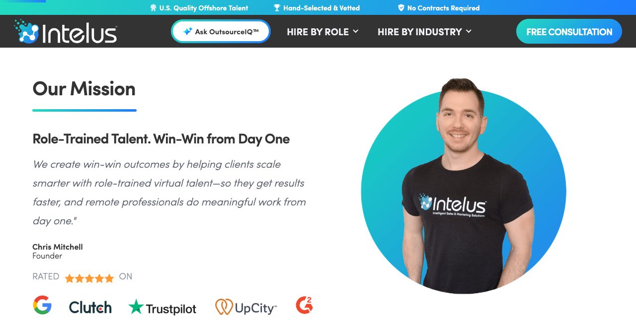 The Intelus About page with the mission statement about role-trained virtual talent and win-win outcomes for clients and remote professionals, attributed to founder Chris Mitchell, next to his photo, with rating badges below