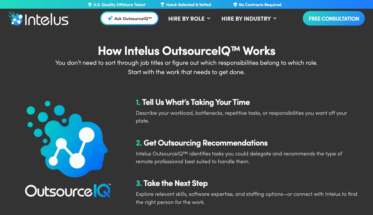 The How Intelus OutsourceIQ Works section on a dark background with the OutsourceIQ logo and three numbered steps: tell it what is taking your time, get outsourcing recommendations, and take the next step by exploring skills and software or contacting Intelus
