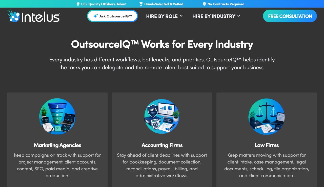 The OutsourceIQ industries section on a dark background with cards for marketing agencies, accounting firms and law firms, each listing the kinds of work remote staff can take on
