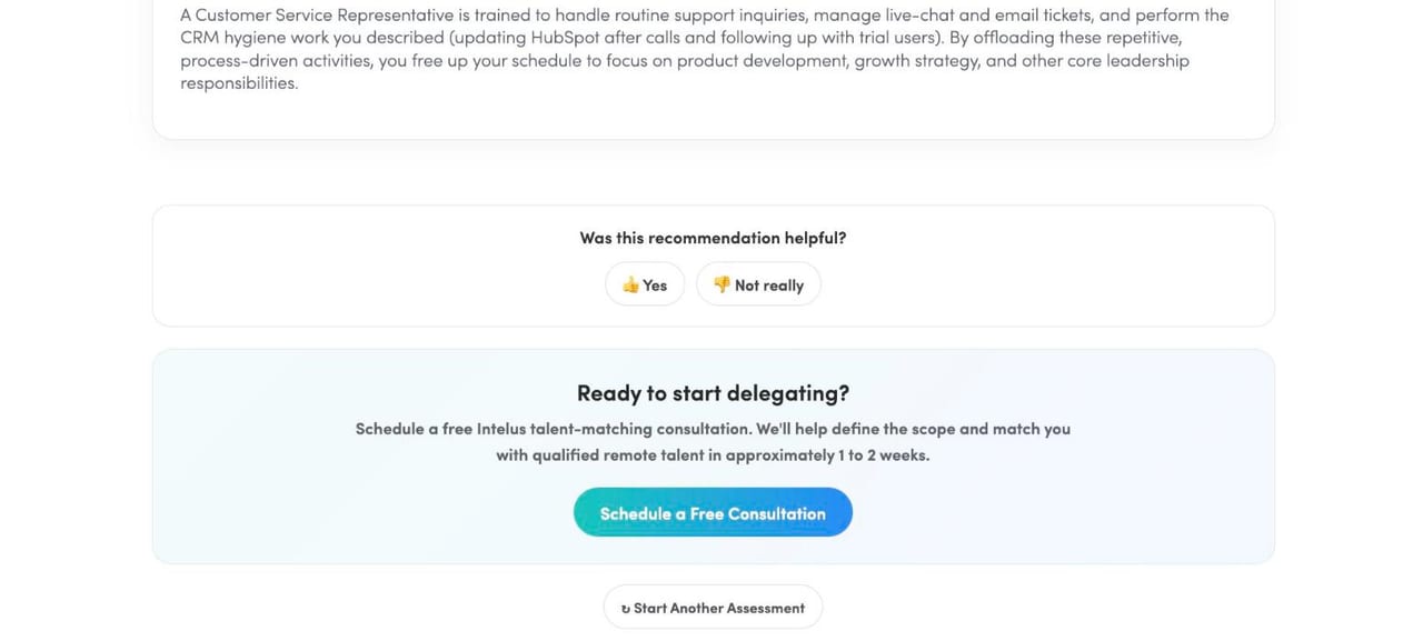 Bottom of an OutsourceIQ result with a question asking whether the recommendation was helpful and Yes and Not really buttons, a box offering a free Intelus talent-matching consultation with a match in about one to two weeks, a Schedule a Free Consultation button and a Start Another Assessment button