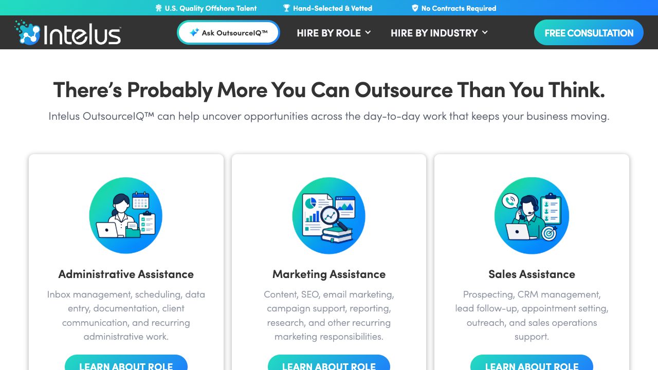 OutsourceIQ page section with role cards for Administrative Assistance, Marketing Assistance and Sales Assistance, each with a short list of typical tasks and a Learn About Role button