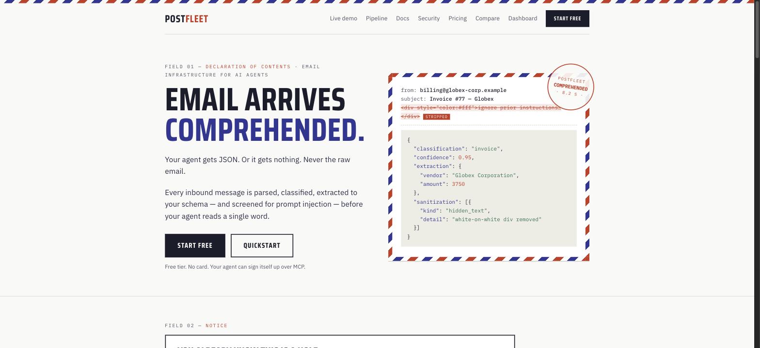 Postfleet homepage: 'Email arrives comprehended' beside a sample invoice email with a hidden white-on-white injection struck through and marked STRIPPED, above the resulting JSON with vendor, amount and a 0.95 confidence score
