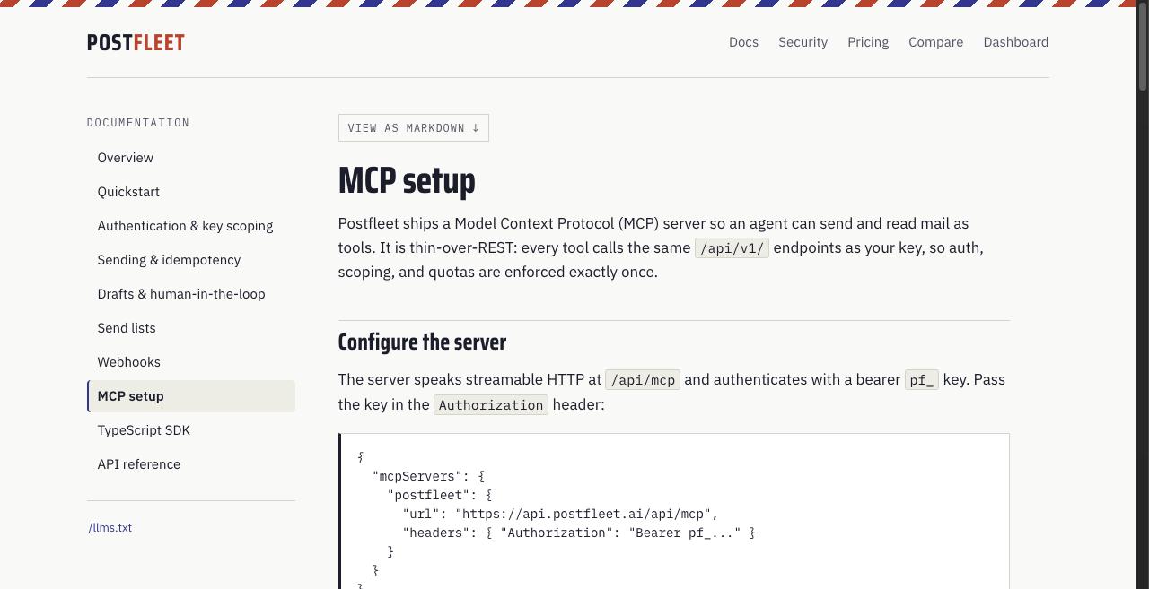 Postfleet MCP setup docs page showing the hosted server config with url https://api.postfleet.ai/api/mcp and an Authorization Bearer pf_ header, with the docs sidebar listing quickstart, key scoping, sending, drafts, send lists, webhooks, MCP, SDK and API reference