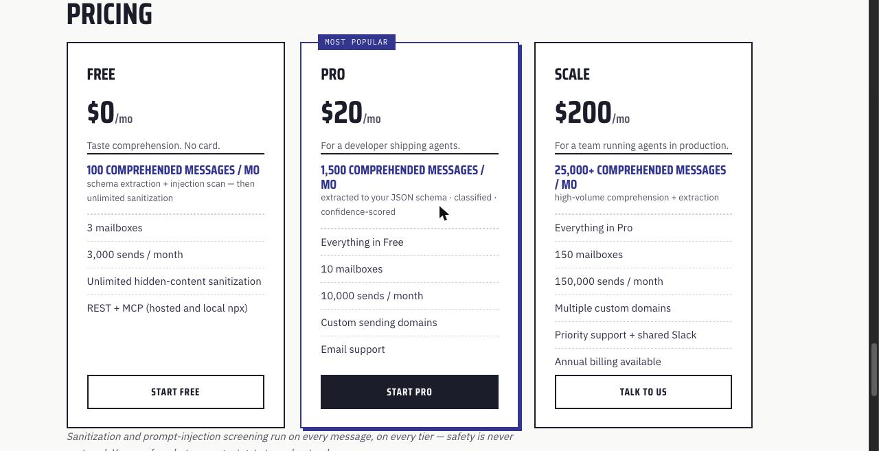 Postfleet pricing: Free $0 a month with 100 comprehended messages, 3 mailboxes and 3,000 sends; Pro $20 a month with 1,500 comprehended messages, 10 mailboxes, 10,000 sends and custom sending domains; Scale $200 a month with 25,000 or more comprehended messages, 150 mailboxes, 150,000 sends and priority support