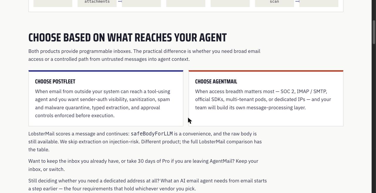 Postfleet vs AgentMail compare page: 'Choose based on what reaches your agent', with a Choose Postfleet card for tool-using agents that receive outside email and a Choose AgentMail card for teams that need SOC 2, IMAP/SMTP, official SDKs, multi-tenant pods or dedicated IPs