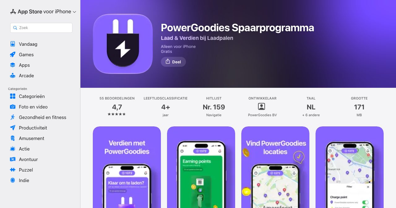 The PowerGoodies Spaarprogramma listing in the Dutch App Store showing 55 ratings with an average of 4.7, a 4+ age rating, number 159 in the Navigation chart, developer PowerGoodies BV, Dutch plus 6 other languages and a size of 171 MB, above app screenshots