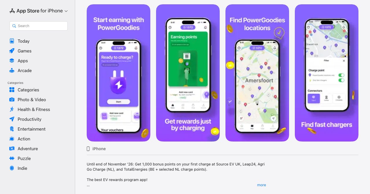 The PowerGoodies Rewards listing in the US App Store with four app screenshots: Start earning with PowerGoodies with a Ready to charge? card, an Earning points screen during a session, Find PowerGoodies locations on a map of Amersfoort, and Find fast chargers with filters for PowerGoodies locations only and connector types, above a note offering 1,000 bonus points on a first charge until the end of November 2026