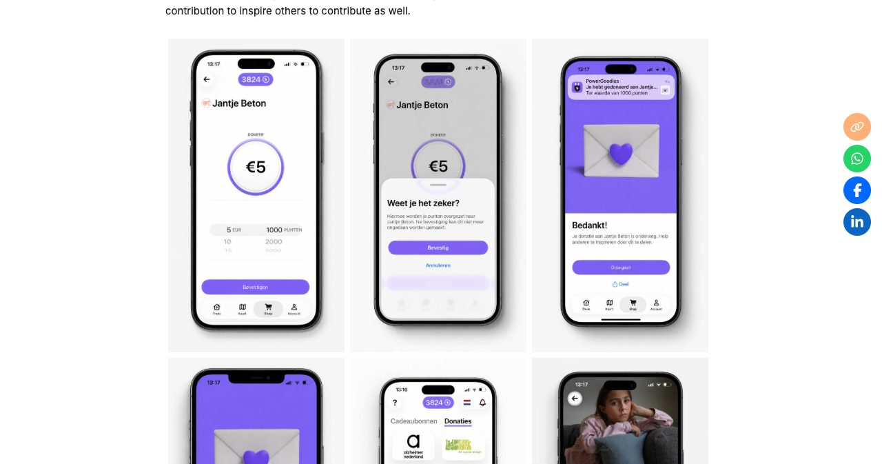 PowerGoodies' charity announcement showing the donation flow in the Dutch app: a 5 euro donation to Jantje Beton worth 1,000 points, a confirmation sheet, a thank-you screen with a heart envelope, and the Donations tab listing charities such as Alzheimer Nederland