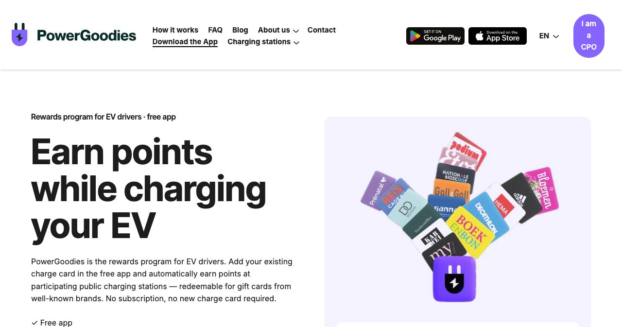 The PowerGoodies download page with the headline Earn points while charging your EV, explaining that you add your existing charge card in the free app and earn points at participating public charging stations, redeemable for gift cards from well-known brands, next to a fan of gift cards including HEMA, Adidas, Decathlon, Gamma and a book voucher