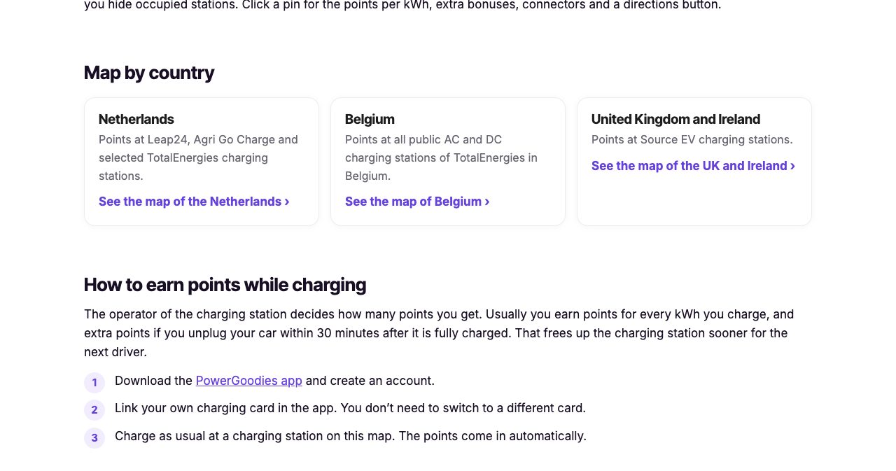 The Map by country section of rewards.powergoodies.com with three cards: Netherlands, points at Leap24, Agri Go Charge and selected TotalEnergies charging stations; Belgium, points at all public AC and DC charging stations of TotalEnergies in Belgium; United Kingdom and Ireland, points at Source EV charging stations, followed by How to earn points while charging in three steps