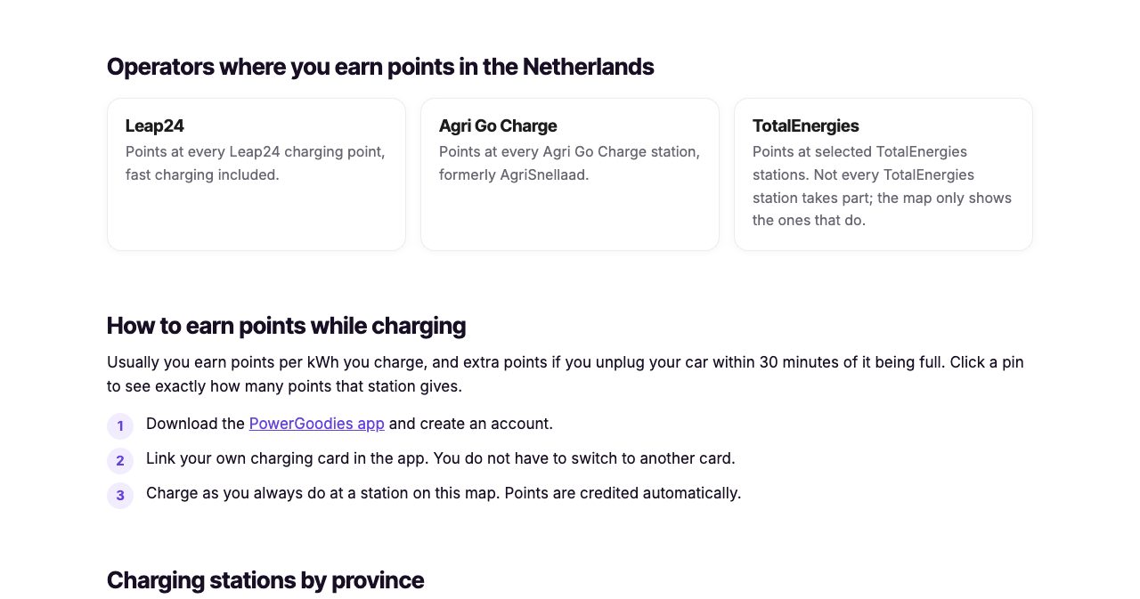 The Operators where you earn points in the Netherlands section of the PowerGoodies Netherlands map page: Leap24, points at every Leap24 charging point, fast charging included; Agri Go Charge, points at every station, formerly AgriSnellaad; TotalEnergies, points at selected stations only, with the map showing the ones that take part