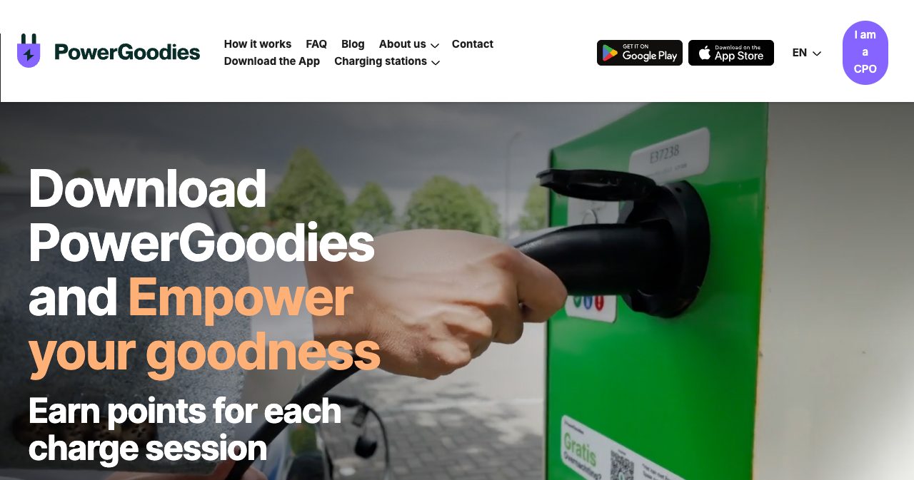The PowerGoodies Rewards homepage with the headline Download PowerGoodies and Empower your goodness, Earn points for each charge session, over a photo of a driver plugging a cable into a green public charger with a PowerGoodies sticker, and Google Play and App Store buttons in the header